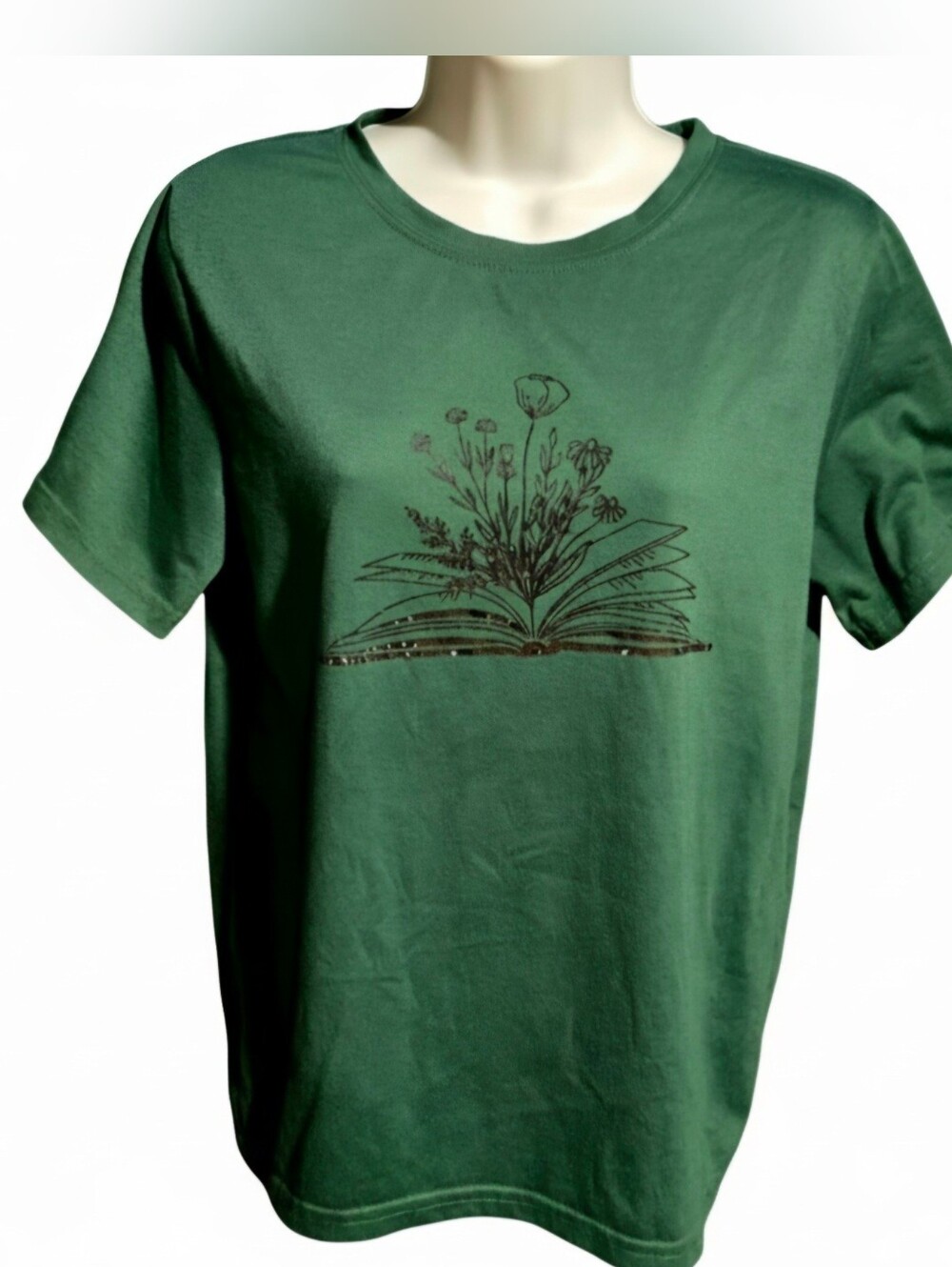 SHEIN Forest Green Floral Book Graphic Tee Short Sleeve Cottagecore Top S